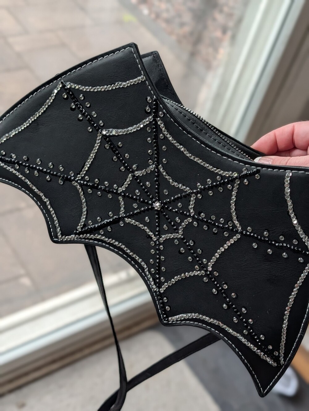 Black Rhinestone Spiderweb Crossbody Bat Bag